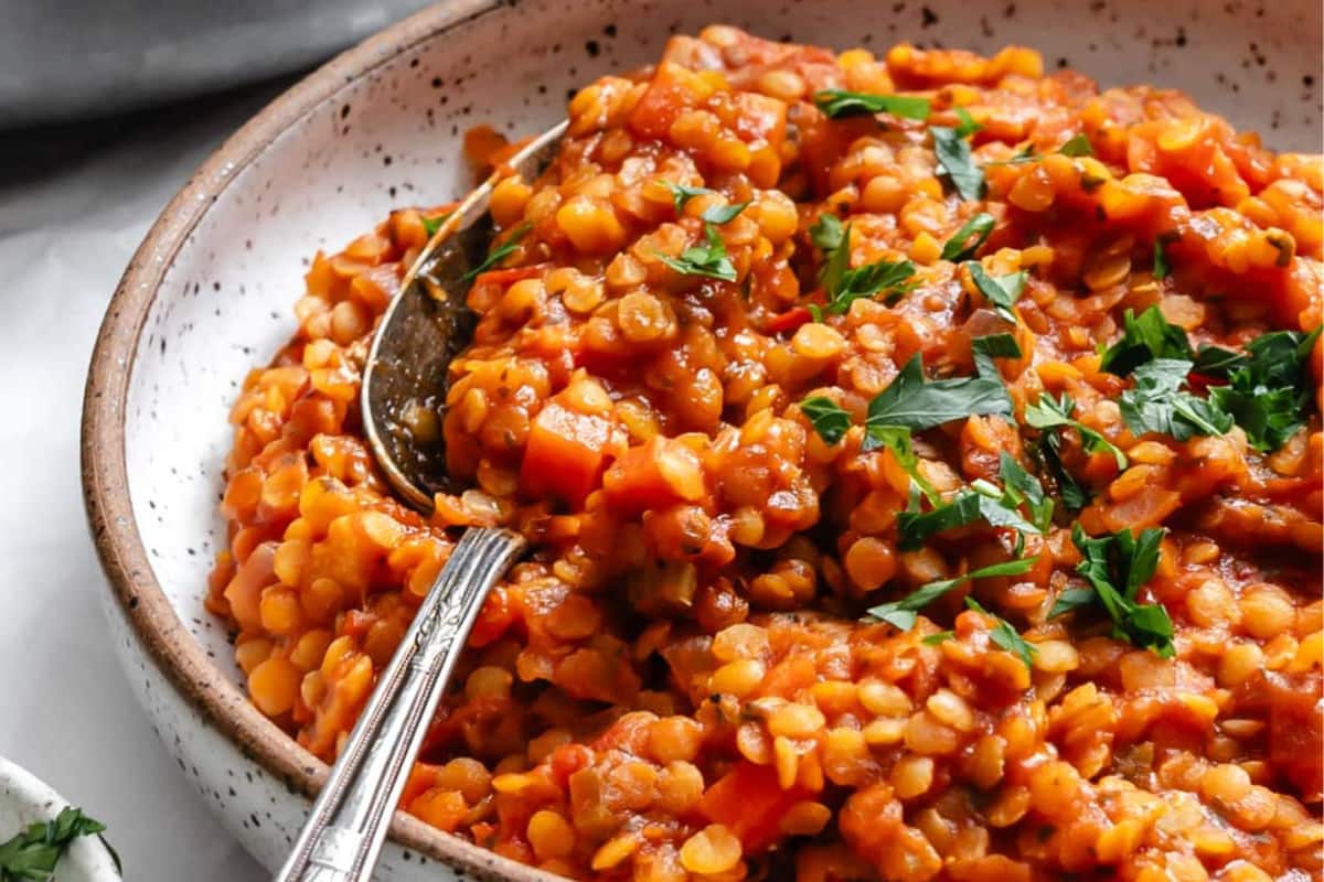 A bowl of Lentil Bolognese Recipe.