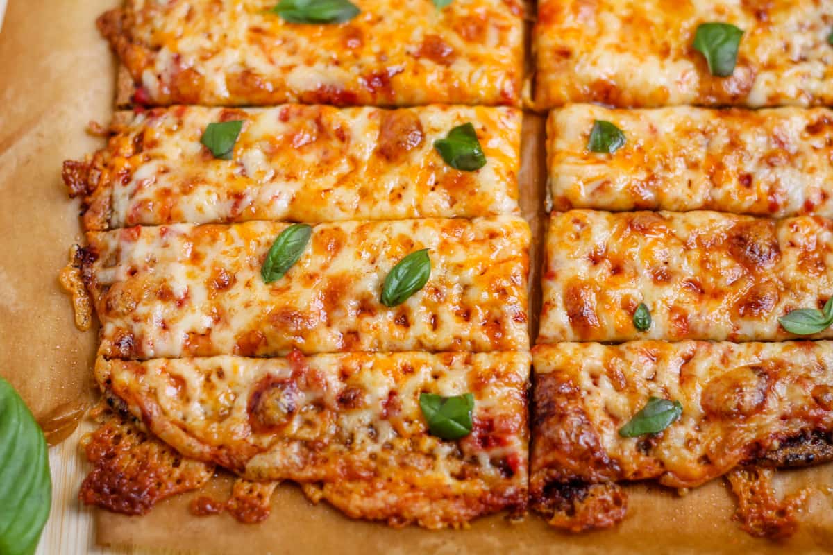 Overhead image of quinoa crust flatbread.