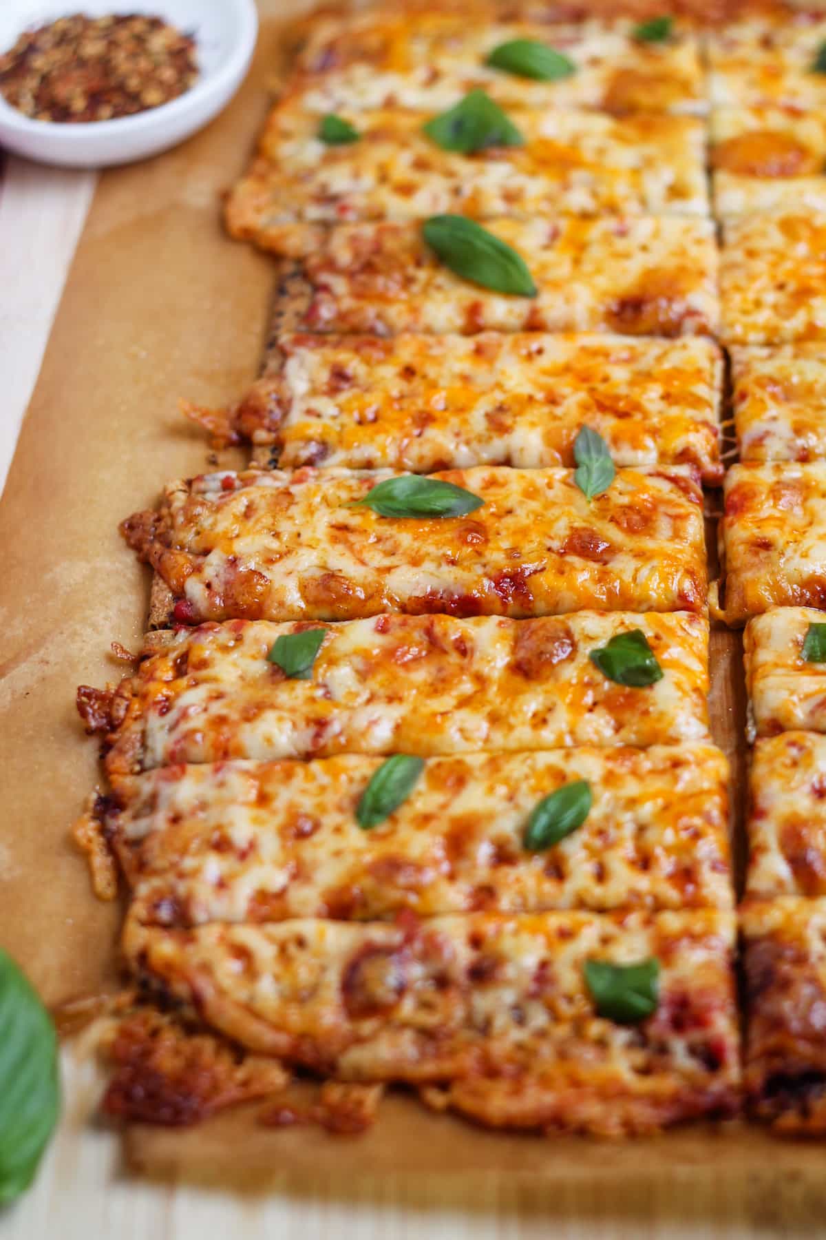 Overhead image of quinoa crust flatbread.