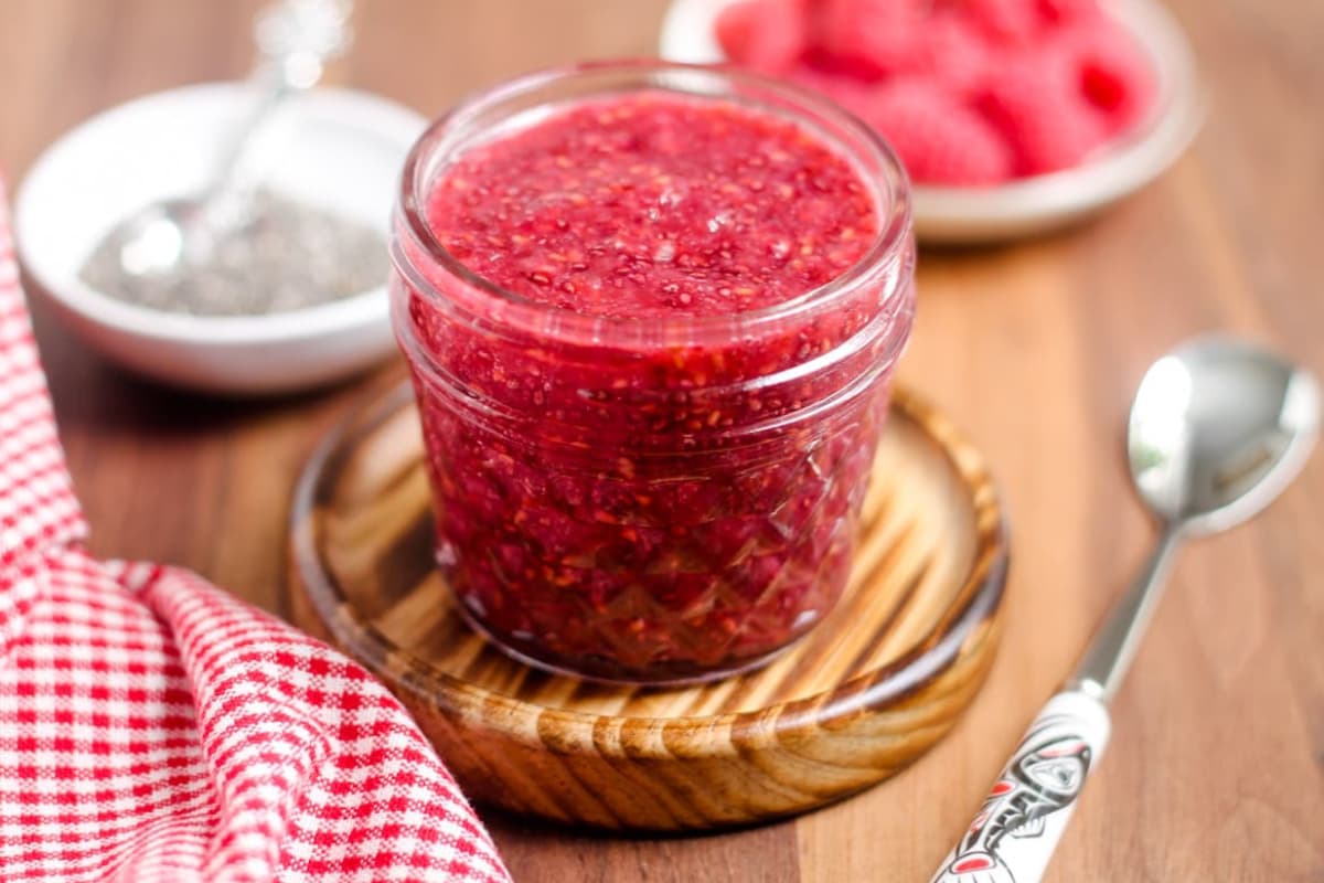 A jar of raspberry chia jam.