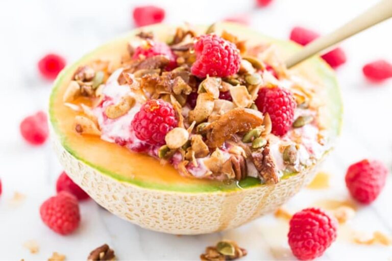 A tray of Raspberry Melon Breakfast Bowls.