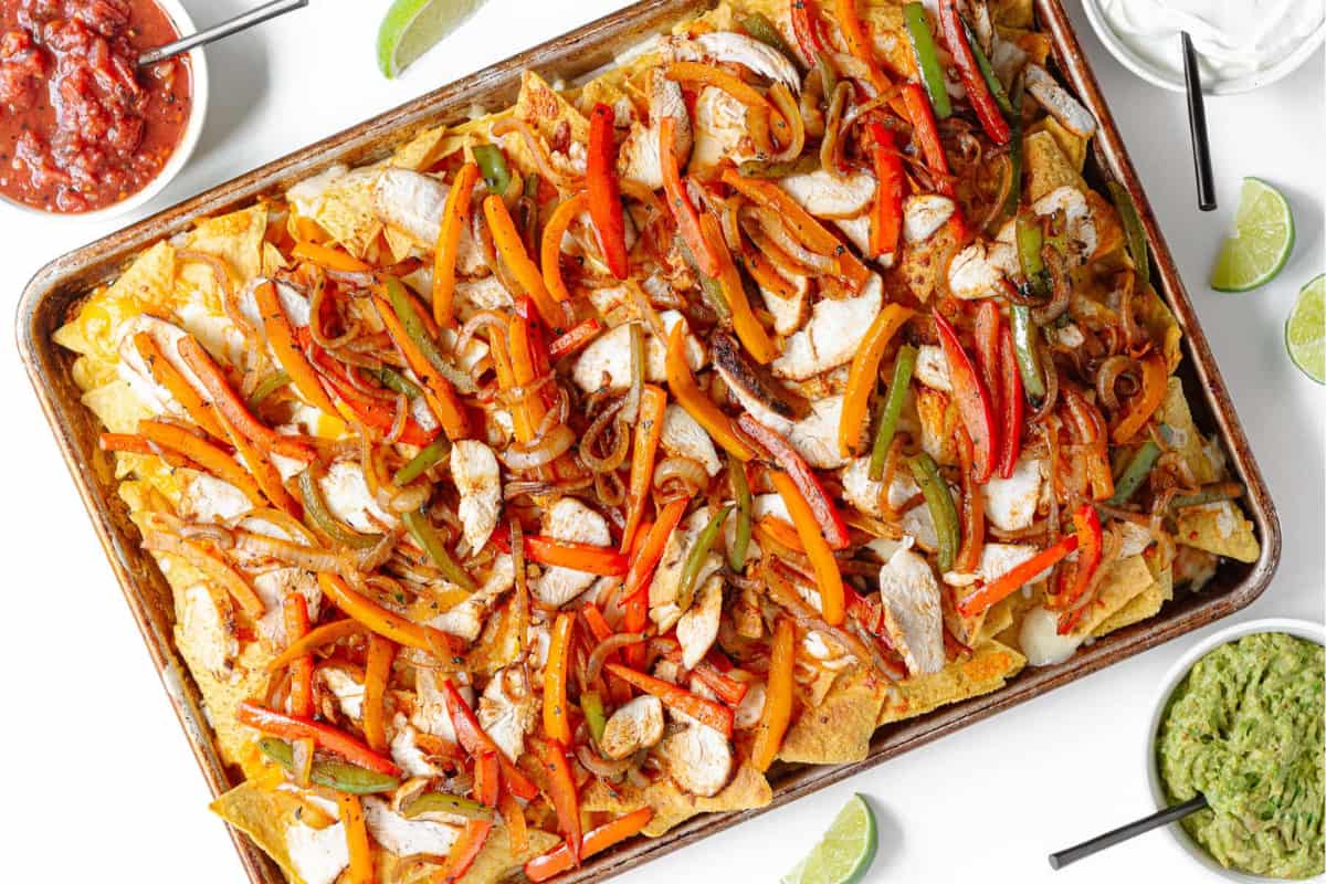 A tray of Sheet Pan Fajita Nachos.
