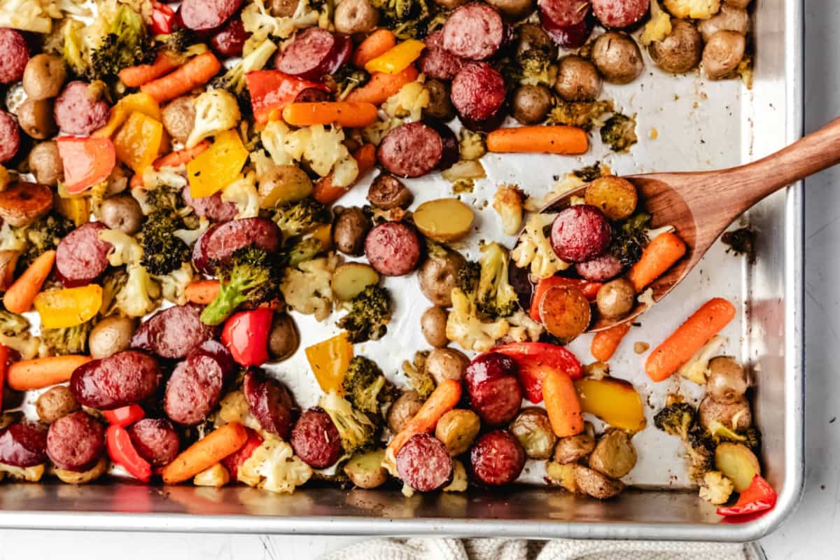 Overhead image of Sheet Pan Sausage and Veggies.