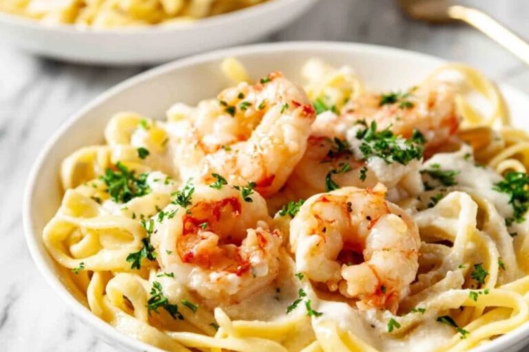 A plate of Shrimp Alfredo.