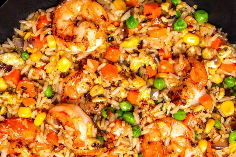 A bowl of Easy Shrimp Egg Fried Rice.