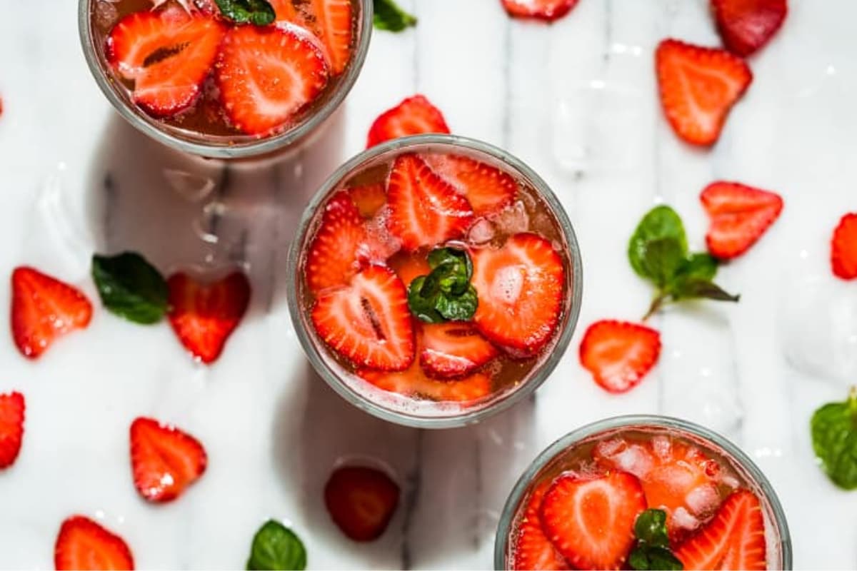 Glasses of Strawberry Kombucha Mocktail.