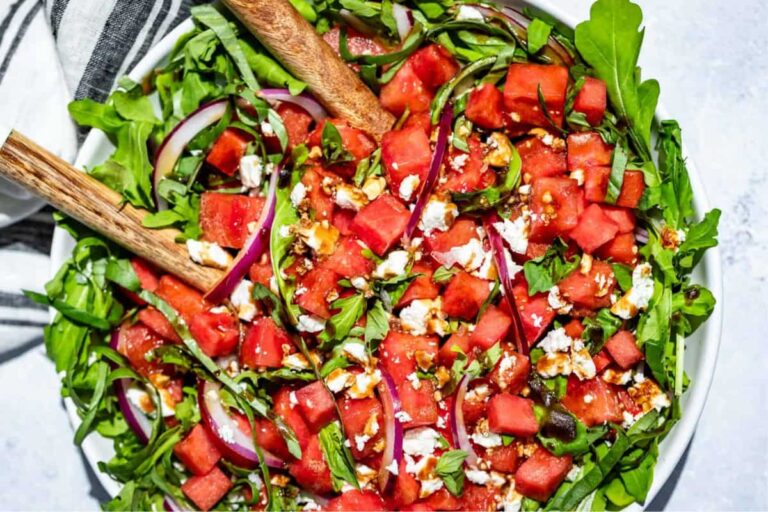 A bowl of Watermelon Feta Basil Salad.