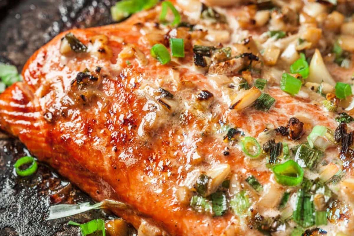 A tray of Baked Salmon with Ginger Soy Marinade.