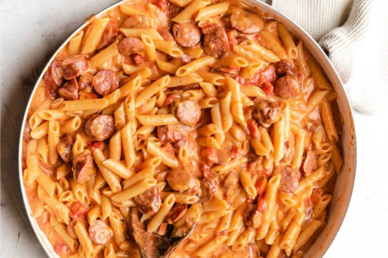 A pan of Cheesy Kielbasa Pasta.