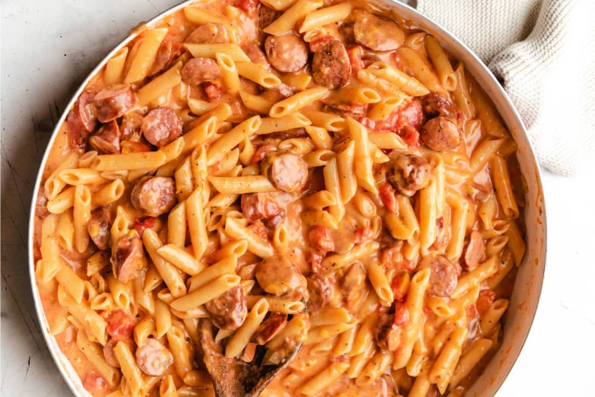 A pan of Cheesy Kielbasa Pasta.