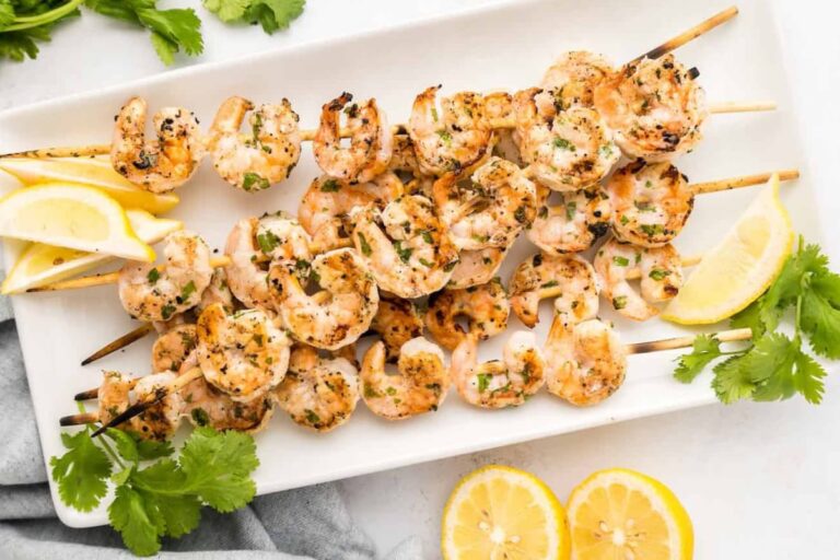 A plate of Lemon Butter Shrimp Skewers.