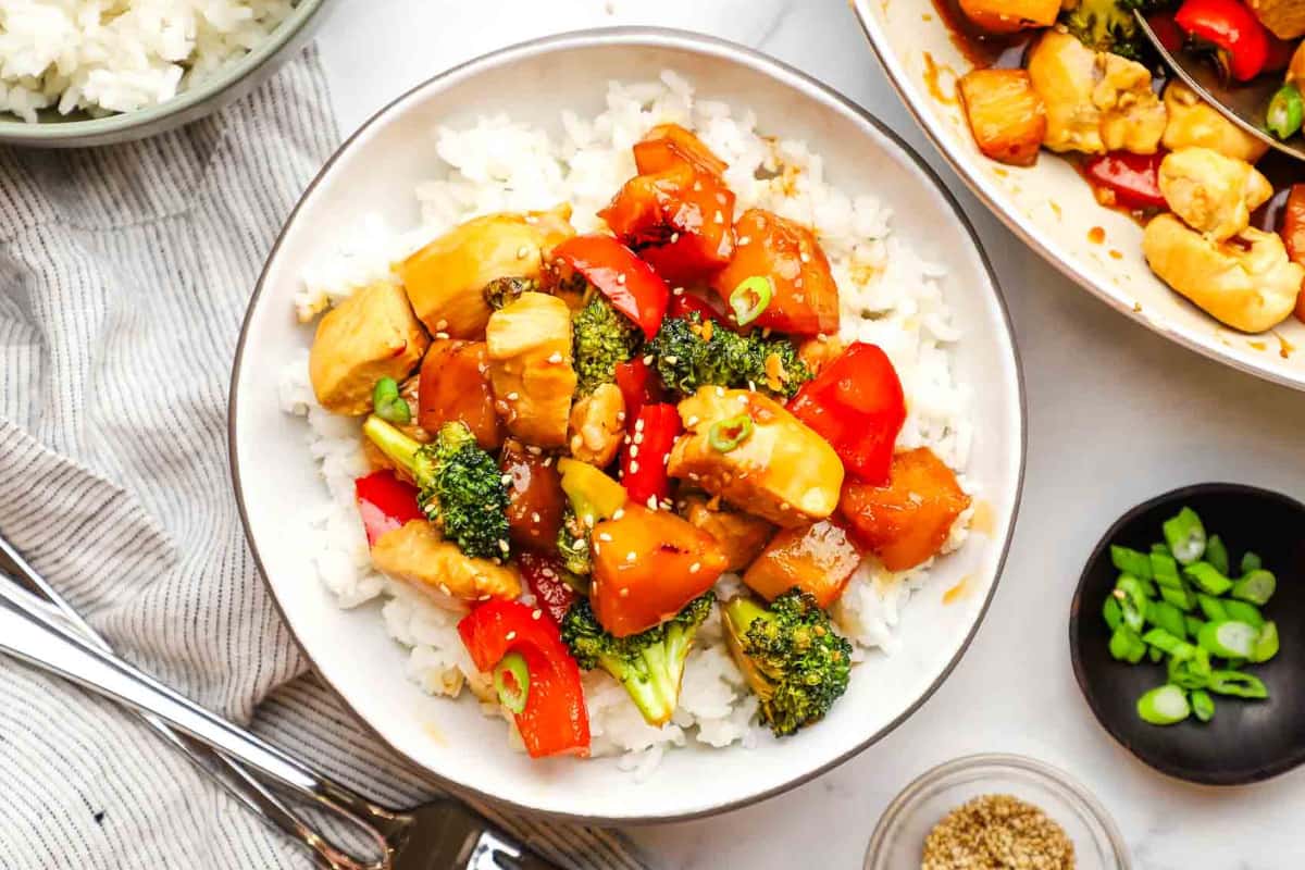 A plate of Pineapple Teriyaki Chicken Bowls.