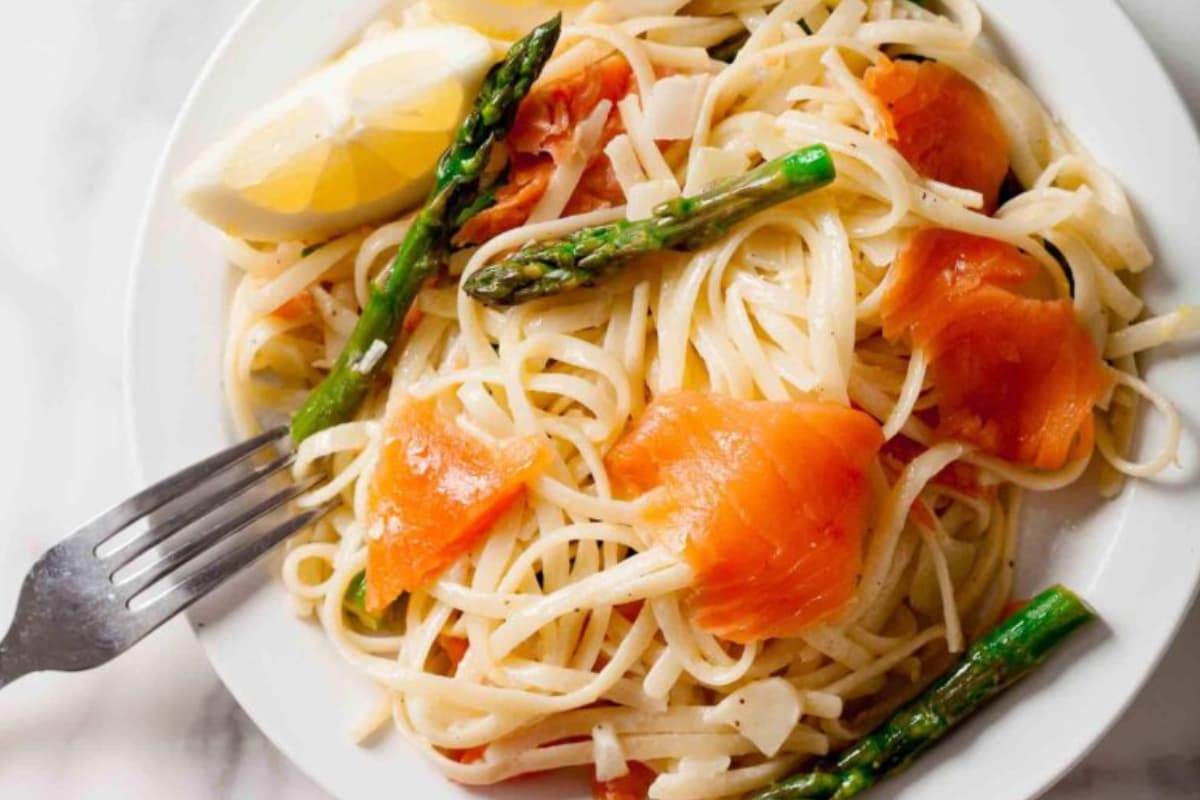 A plate of Lemon Salmon Pasta.
