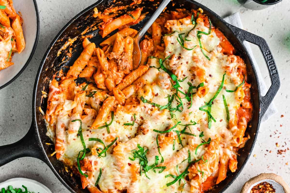 A dish of One-Skillet Baked Ziti.