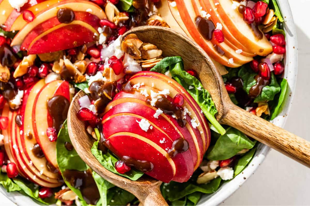 A bowl of Apple Spinach Feta Salad.