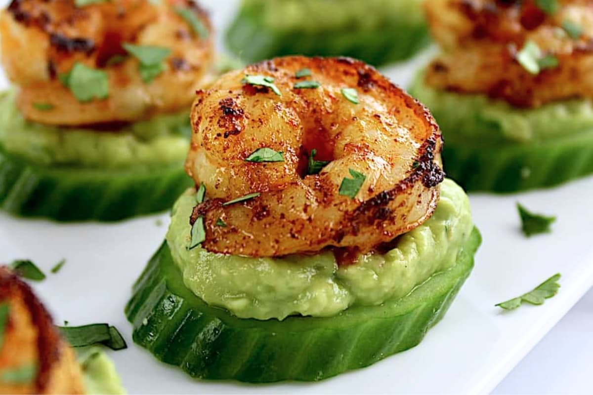 A plate of Avocado Shrimp Cucumber Appetizer.