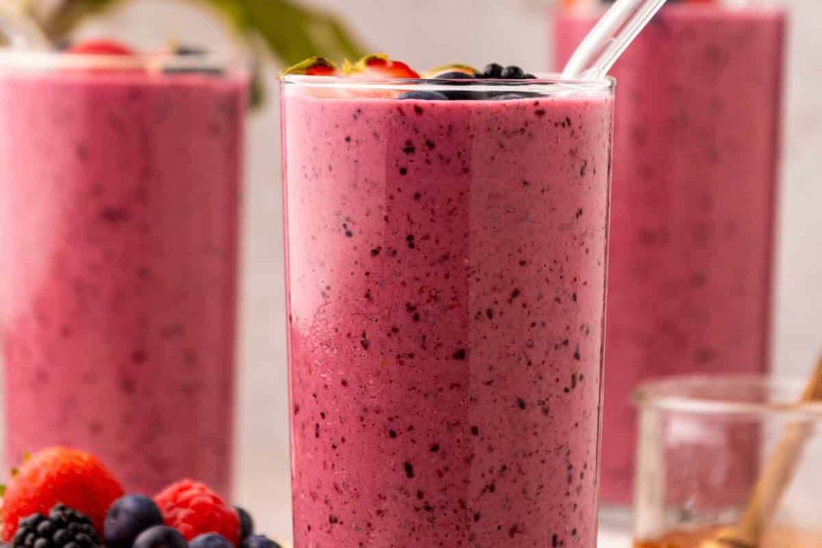 A glass of Berry Kefir Smoothie.