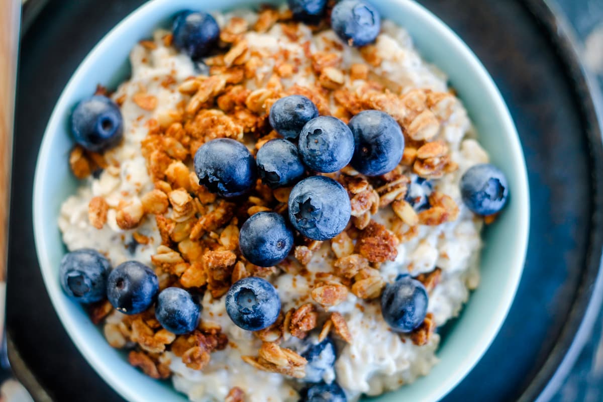 A bowl of blueberry overnight oats.