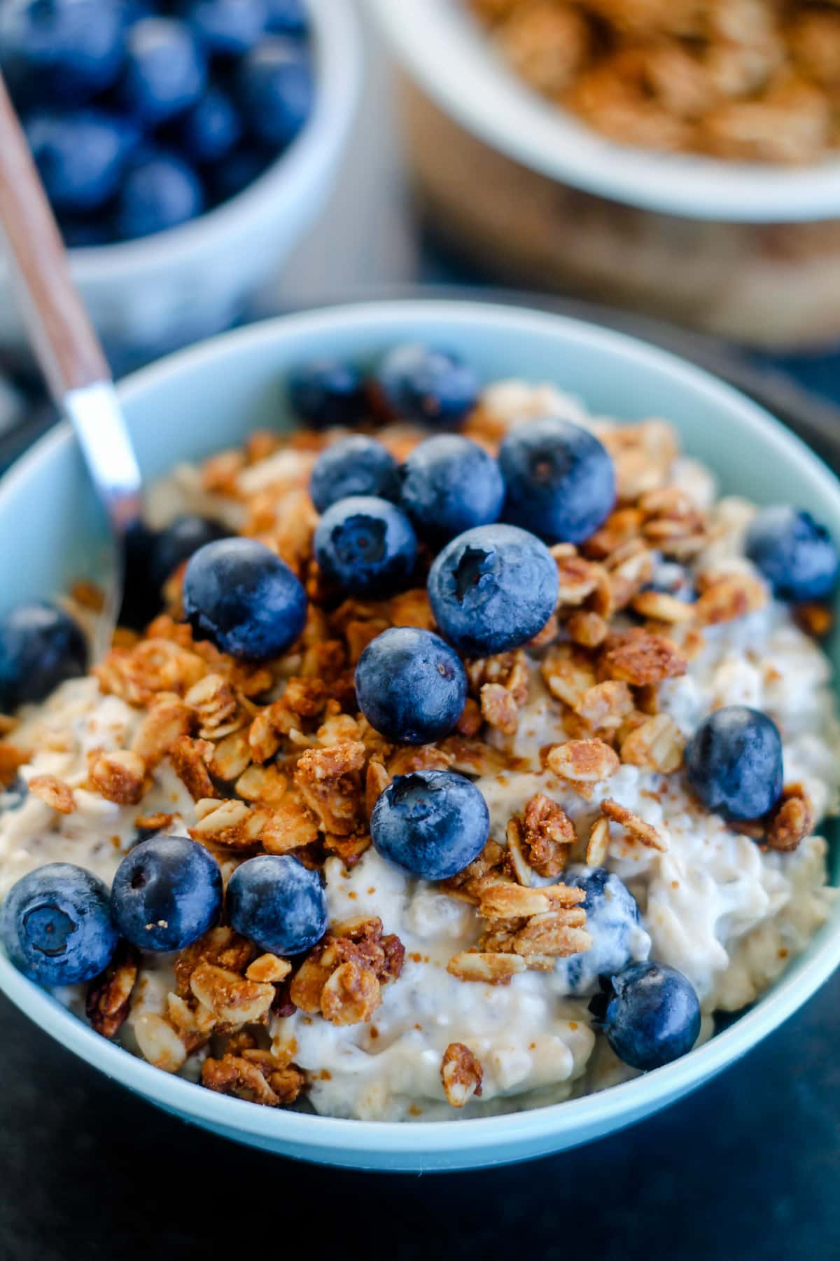 A bowl of blueberry overnight oats.