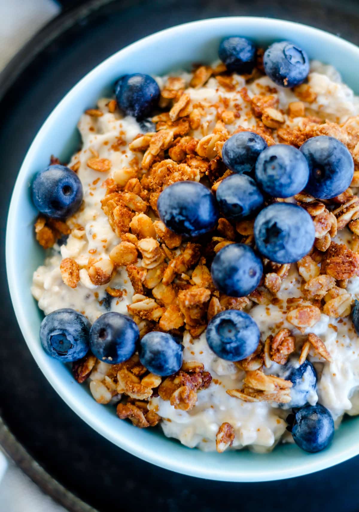 A bowl of blueberry overnight oats.