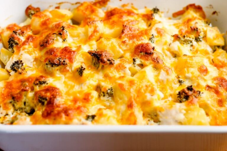 A dish of Chicken Broccoli Potato Casserole.