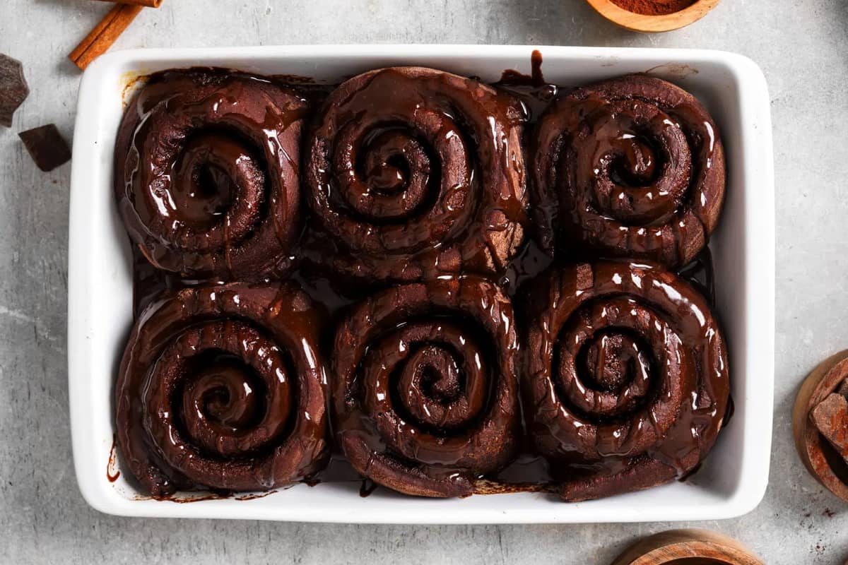 A dish of Chocolate Cinnamon Rolls.