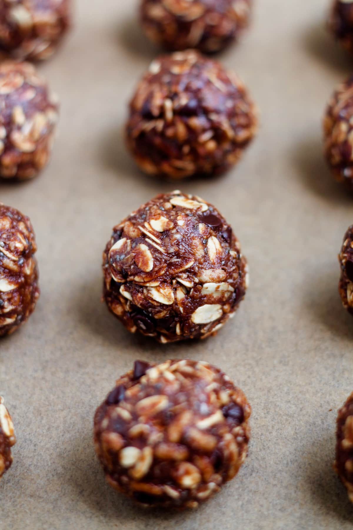 A tray of no bake chocolate oat balls.