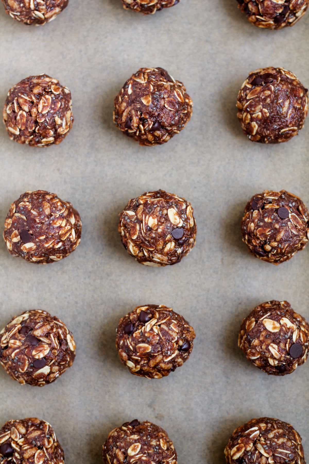 A tray of no bake chocolate oat balls.