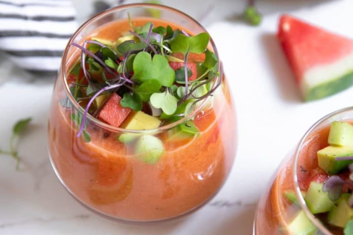 A bowl of Watermelon Gazpacho.