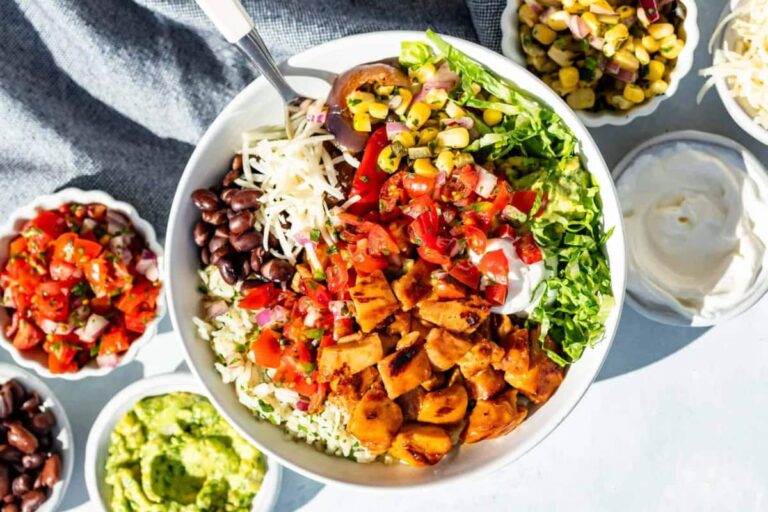 Overhead image of Chipotle Honey Chicken Burrito Bowls.