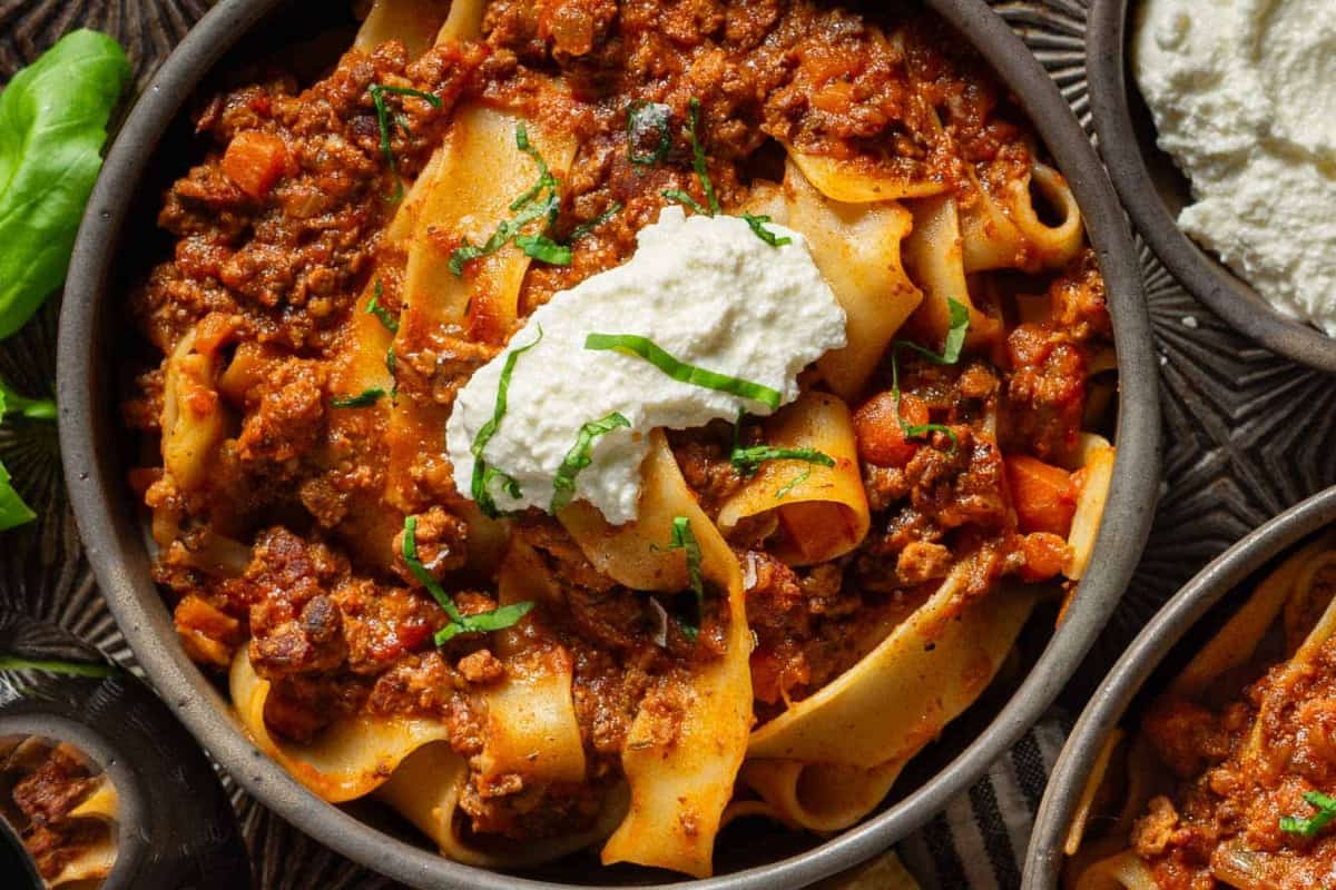A bowl of Creamy Bolognese Sauce.
