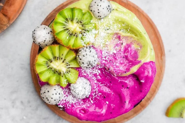 Overhead view of a Dragon Fruit Matcha Smoothie Bowl.