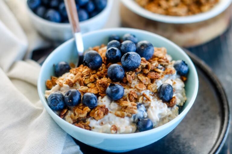 A bowl of blueberry overnight oats.