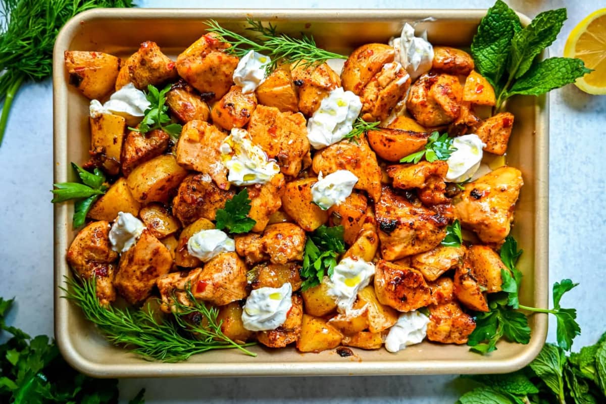 A dish of Harissa Chicken and Potatoes.