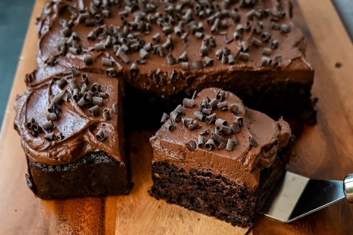 A slice of Frosted Chocolate Zucchini Cake.
