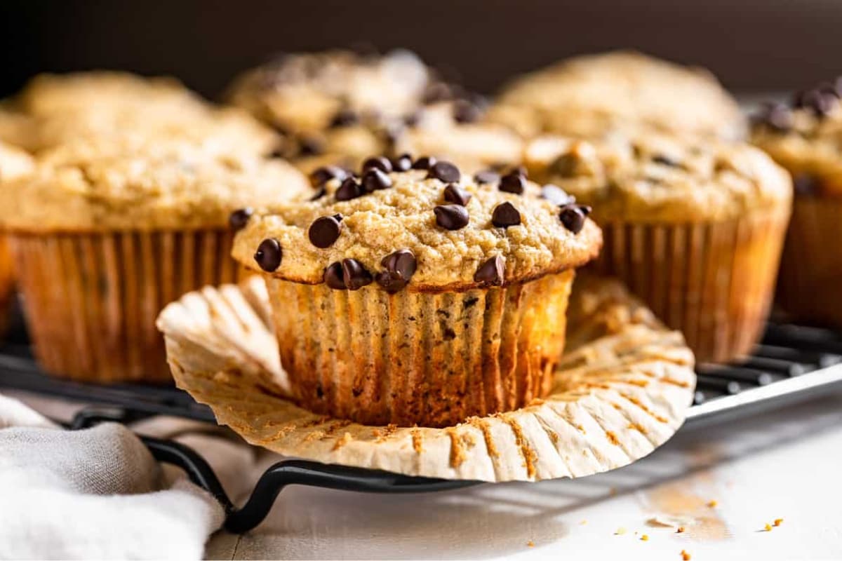 A tray of Banana Chocolate Chip Muffins.