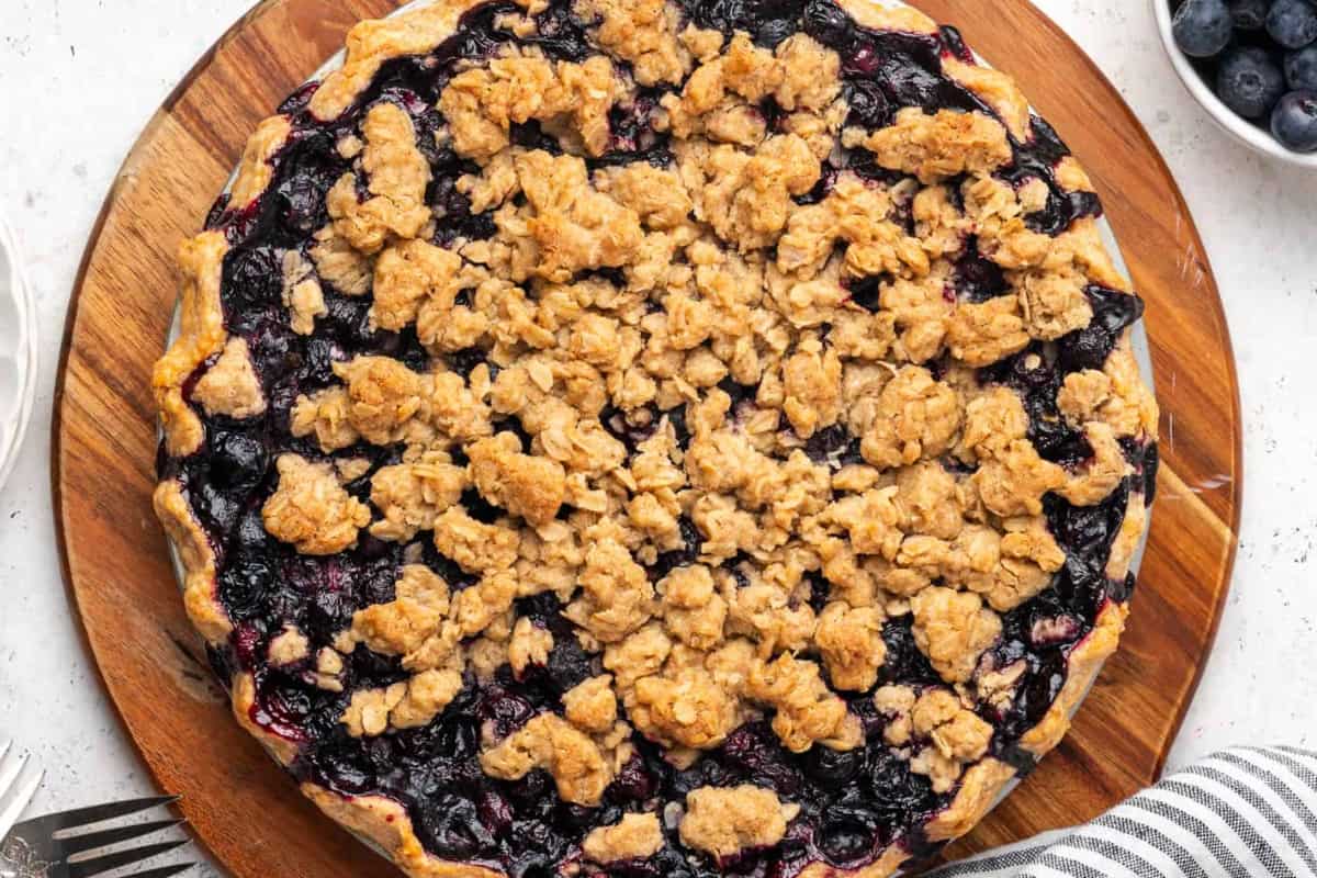 A plate of Blueberry Pie with Oat Crumble.