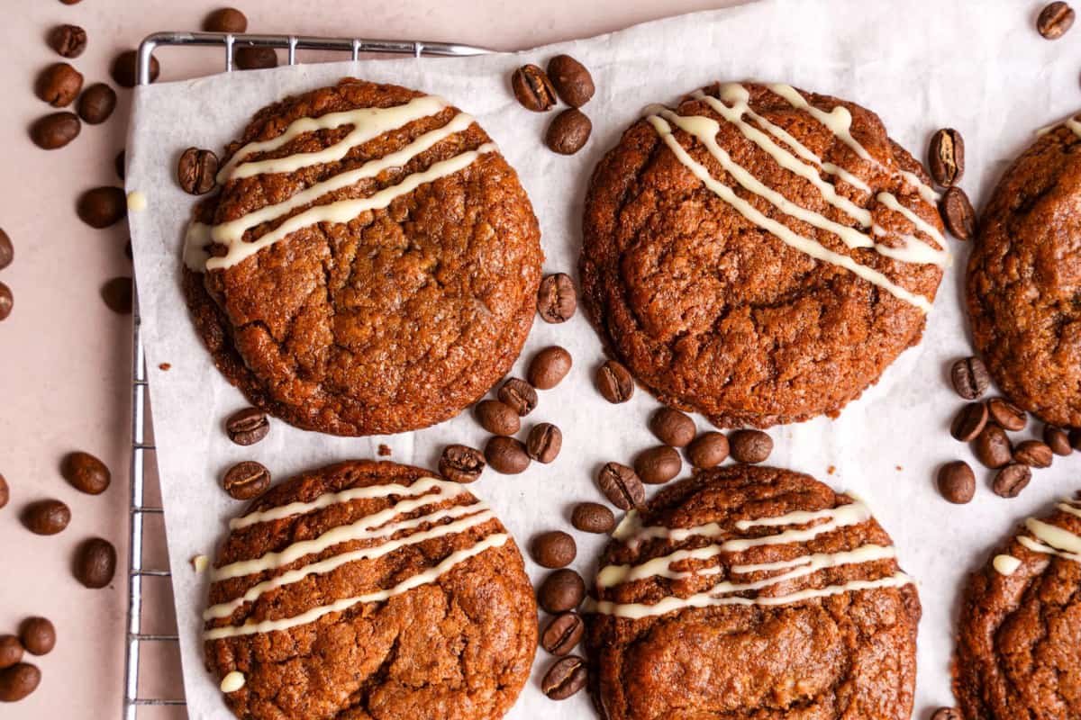 A rack of Chewy Vegan Coffee Cookies.