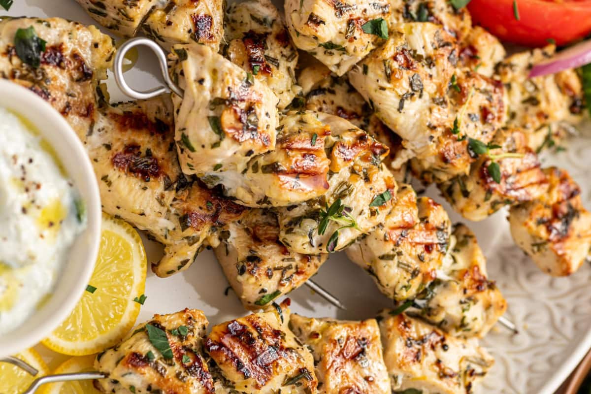 A dish of Grilled Chicken Souvlaki.