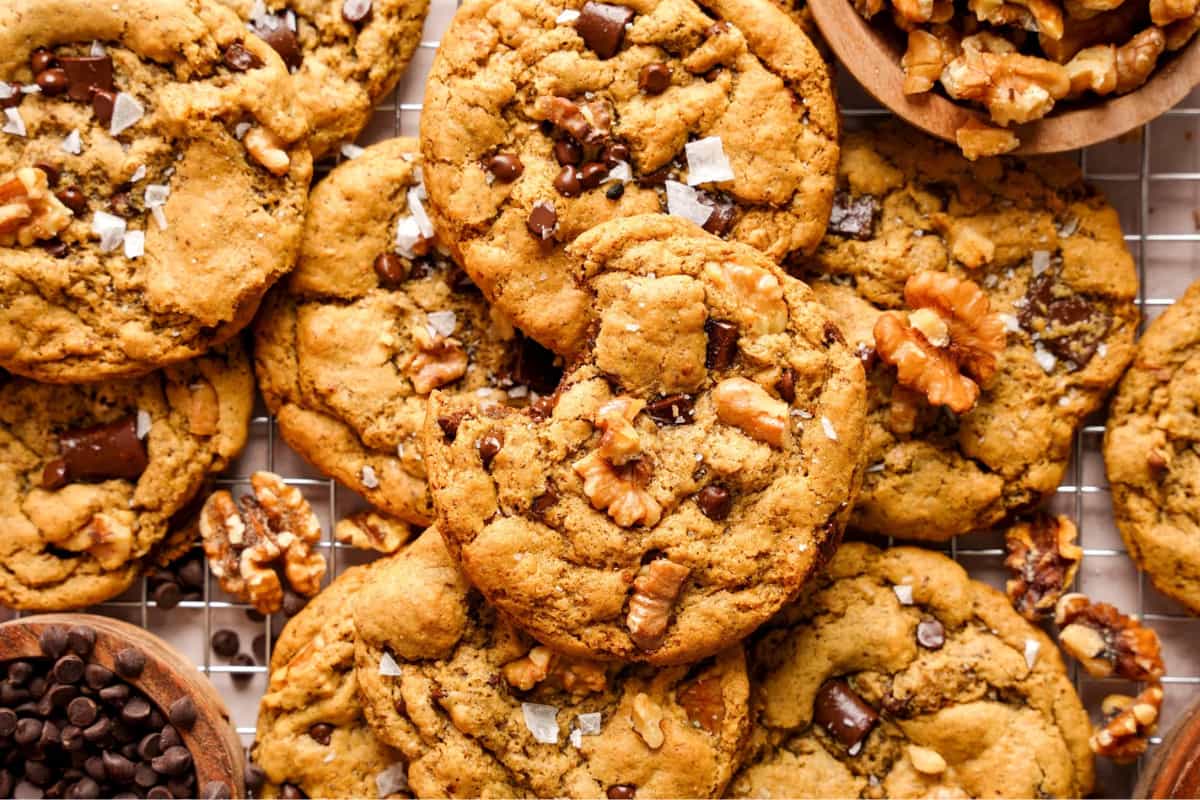 A plate of Chocolate Chip Walnut Cookies.
