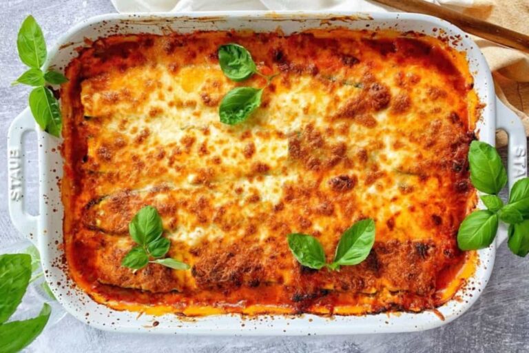 A dish of Ground Turkey and Zucchini Lasagna.