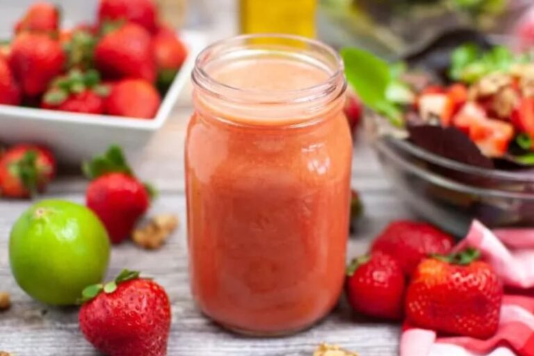 A jar of Easy Strawberry Vinaigrette.