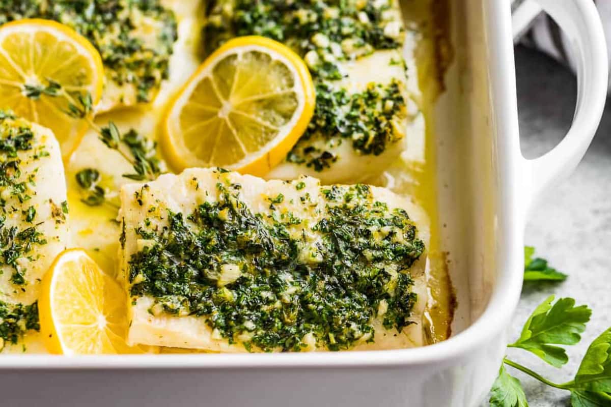 A dish of Garlic Butter Baked Cod.