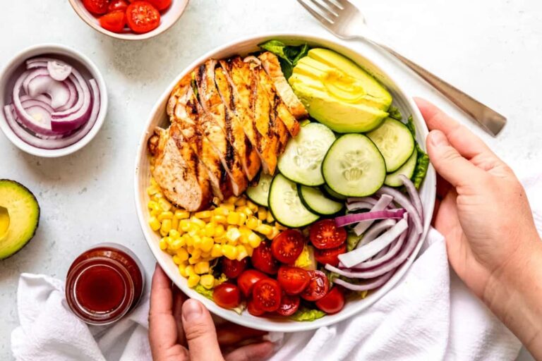 A bowl of Hot Honey Grilled Chicken Salad.