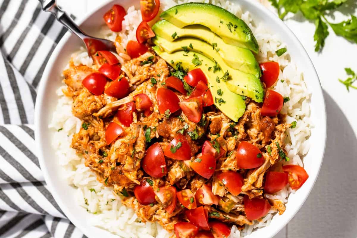A bowl of Instant Pot Chicken Tinga.