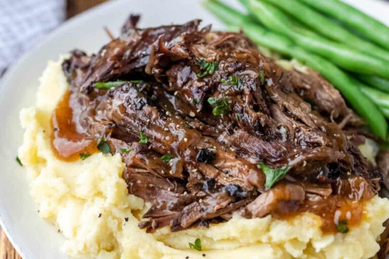 A dish of Slow Cooker Balsamic Beef.