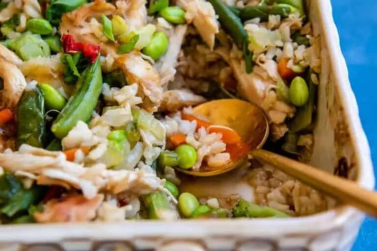 A dish of Chicken Teriyaki Casserole with Rice.