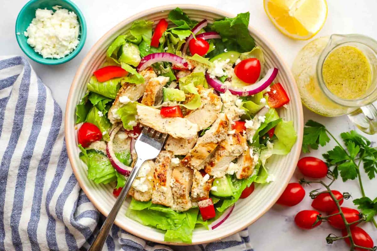 A bowl of Greek Chicken Salad.