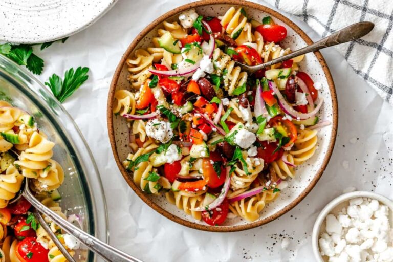 A bowl of Greek Pasta Salad.