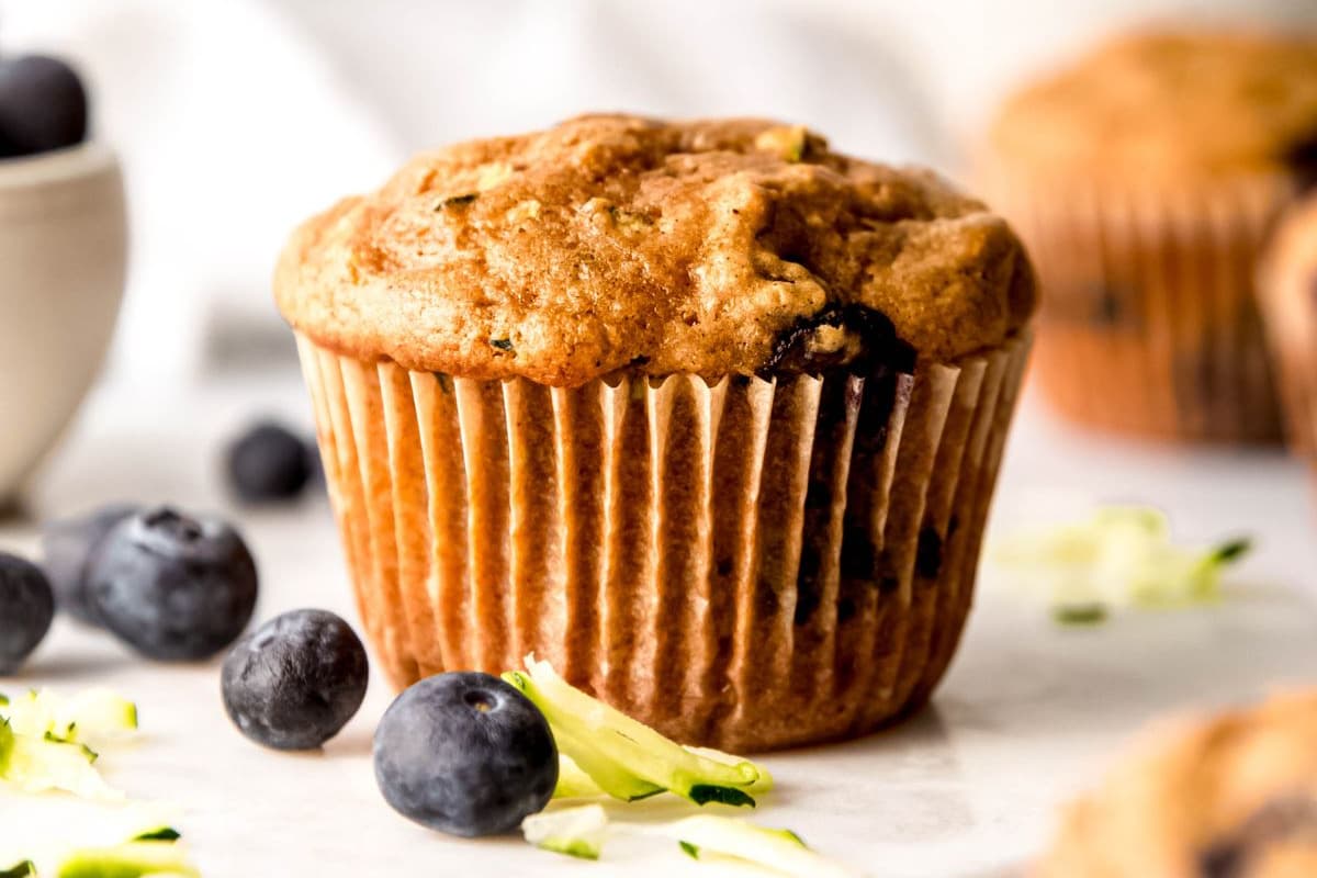 A tray of Blueberry Zucchini Muffins.